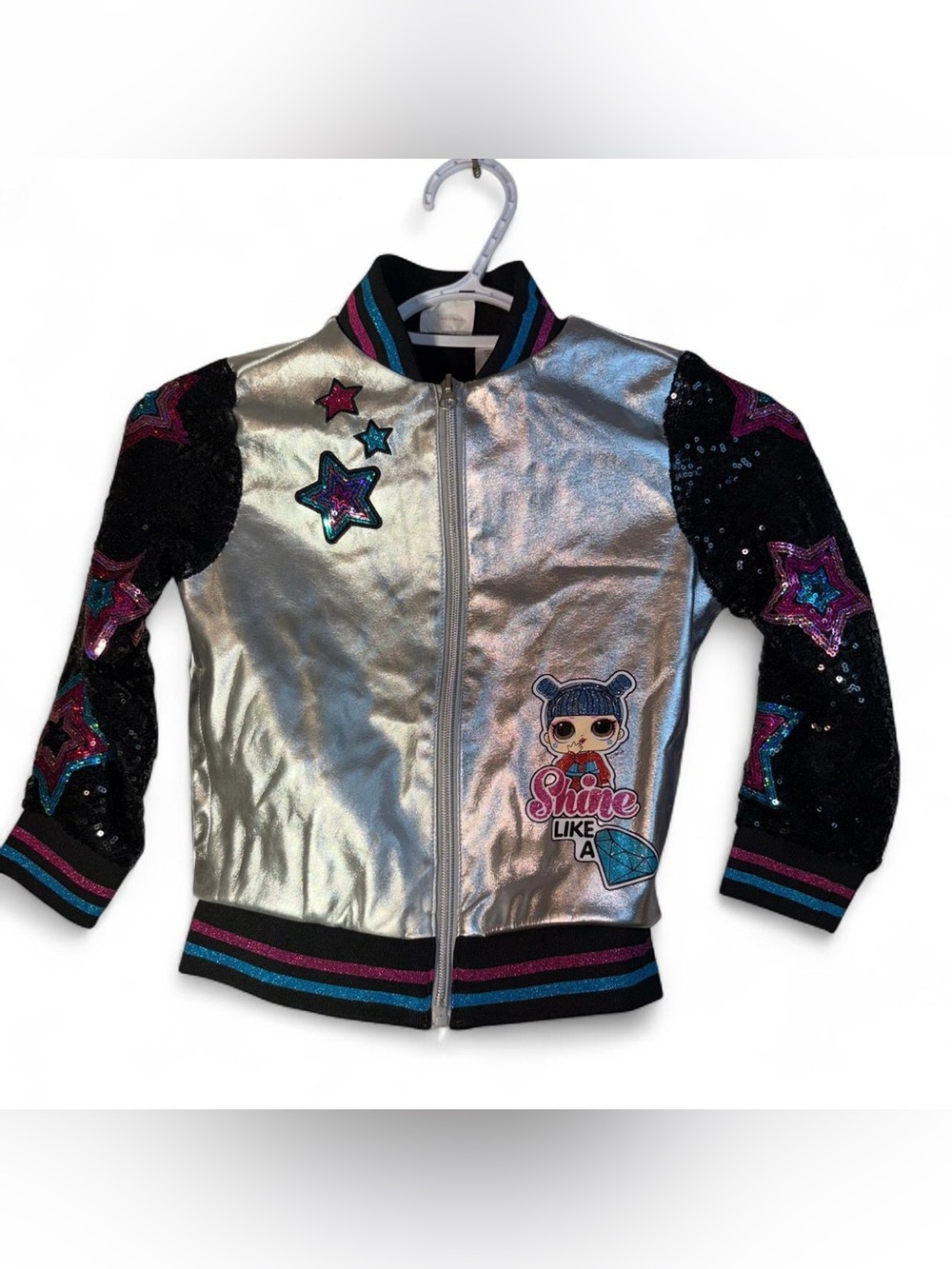 L.O.L. Surprise! Silver Metallic Jacket with Black Sequin Star Sleeves